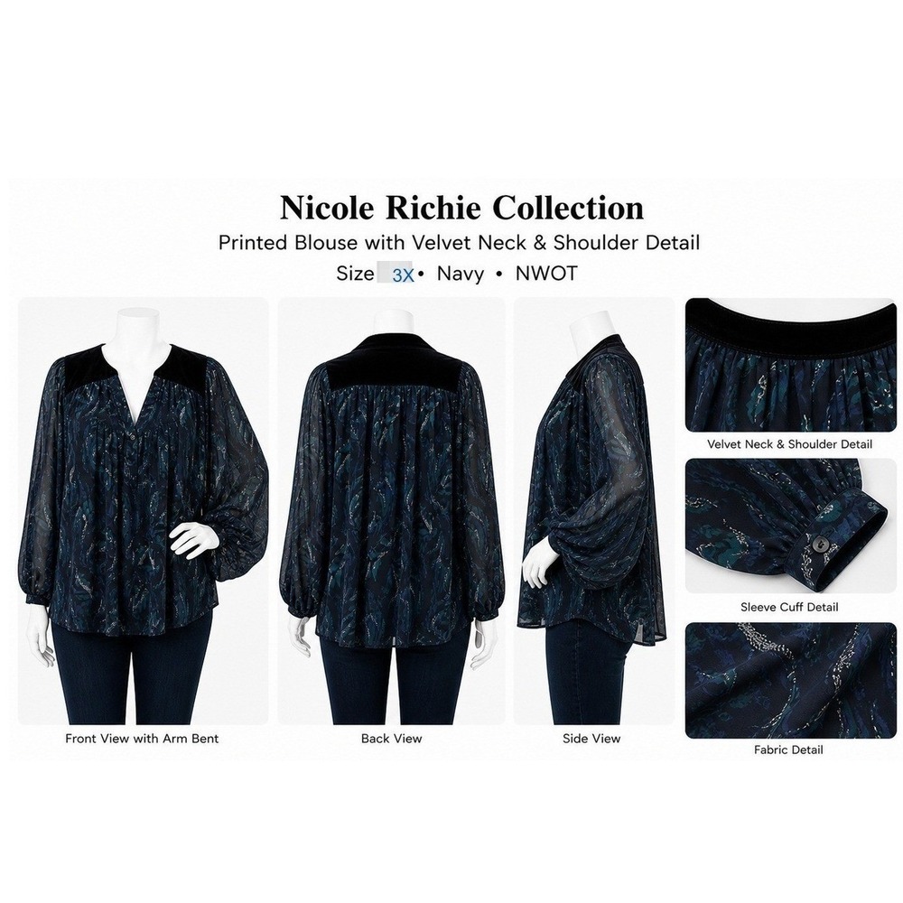 Nicole Richie Collection Navy Blue Printed‎ Velvet Trim Blouse Plus Size 3X NWOT